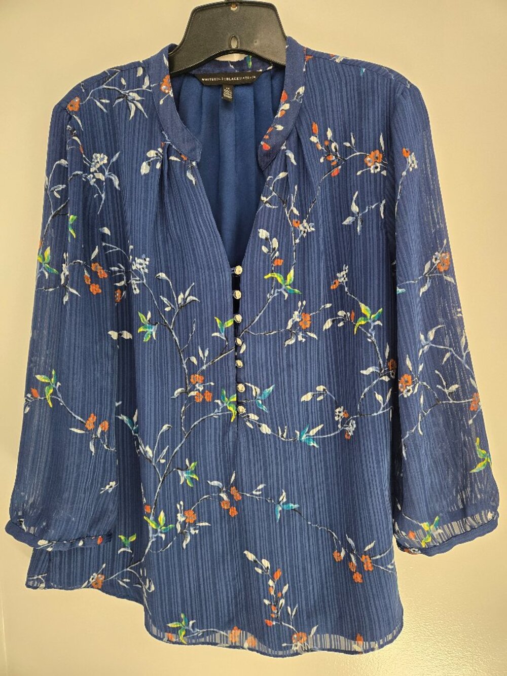 White House Black Market Xian Vines Blouse Navy Blue Floral Striped Size 12